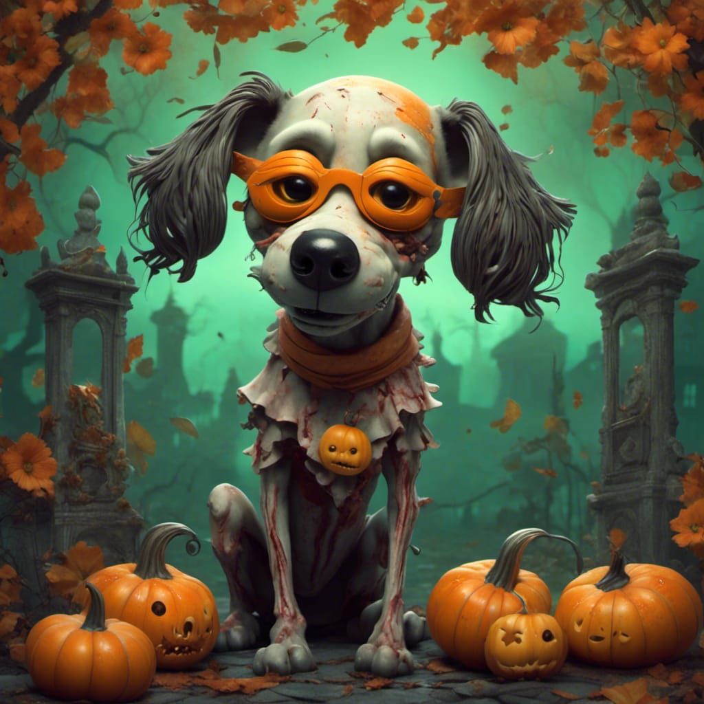 Zombie Dog with Pumpkin Head in Pop Surrealism Style