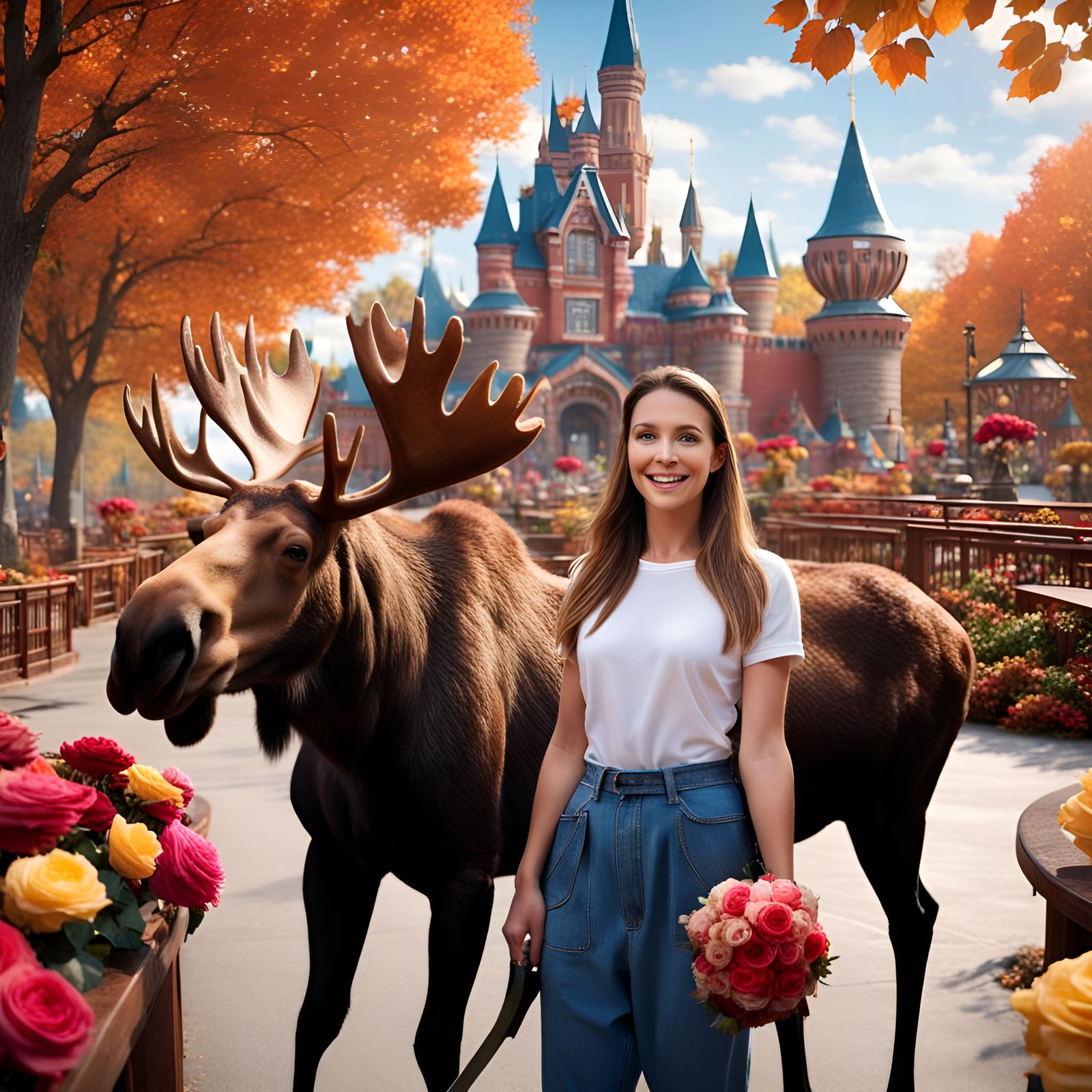 Autumn Theme Park Scene with Moose