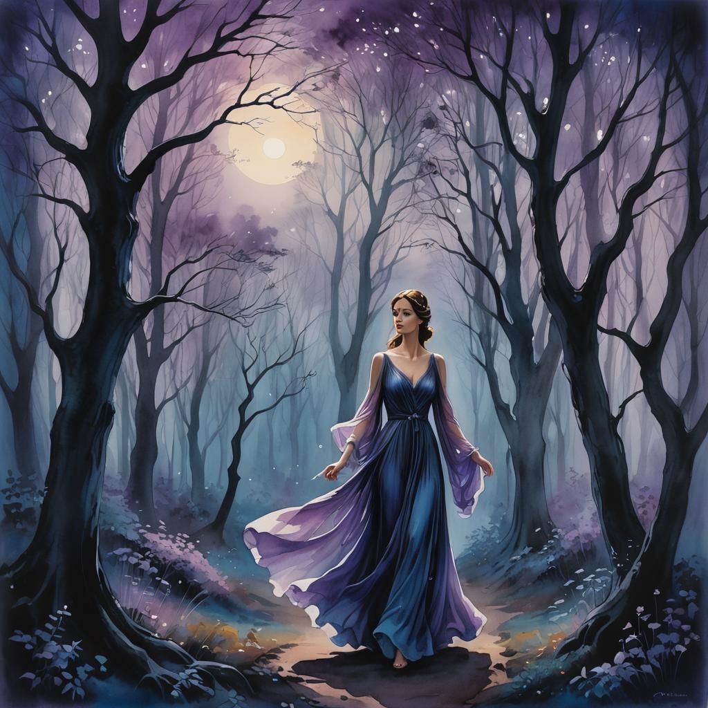 Mystical Forest Wanderer in Ink Painting Style