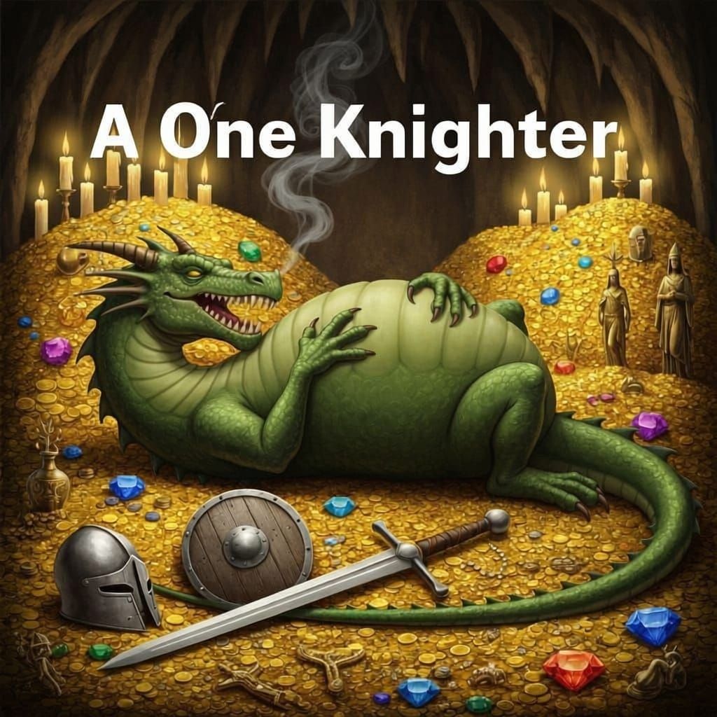 Green Dragon Lounges on Gold Hoard in Dark Cave