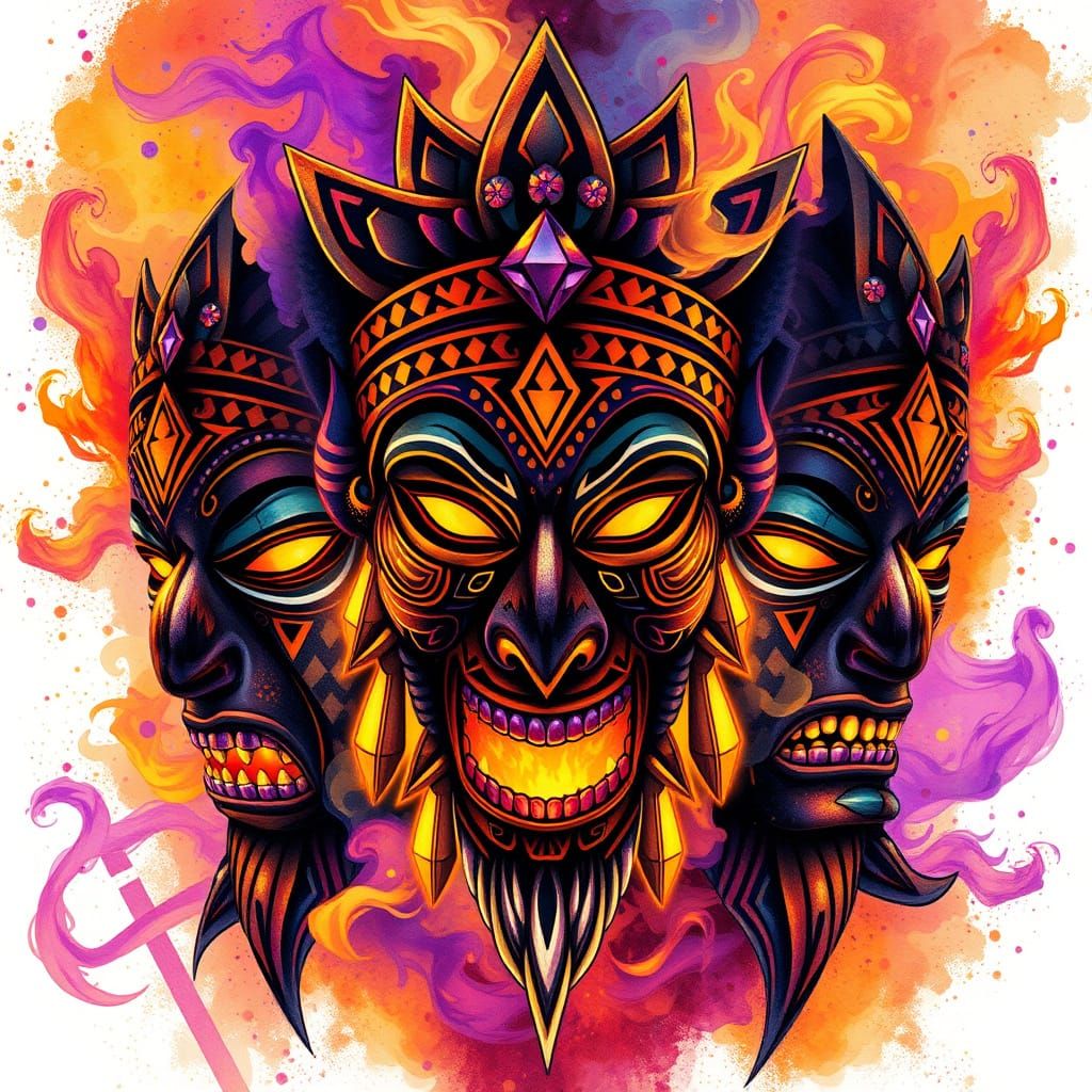 African Tribal Masks in Watercolor Splash Art Style