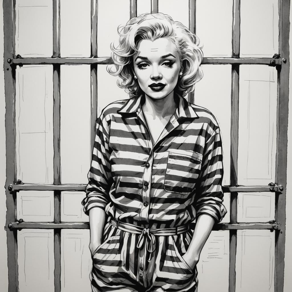 A full-body sketch of Marilyn Monroe behind bars in  prison wearing a striped prison jumpsuit