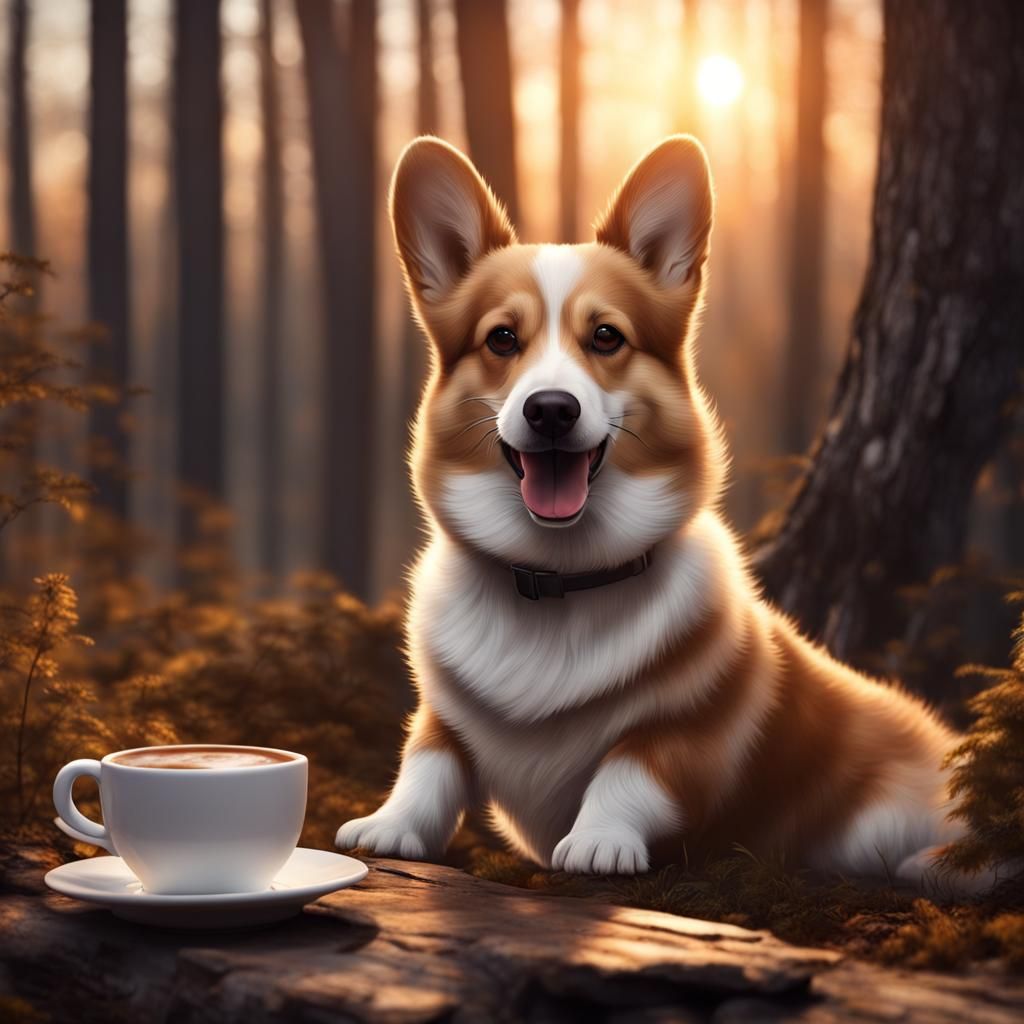 Corgi Dog Drinking Coffee at Sunset