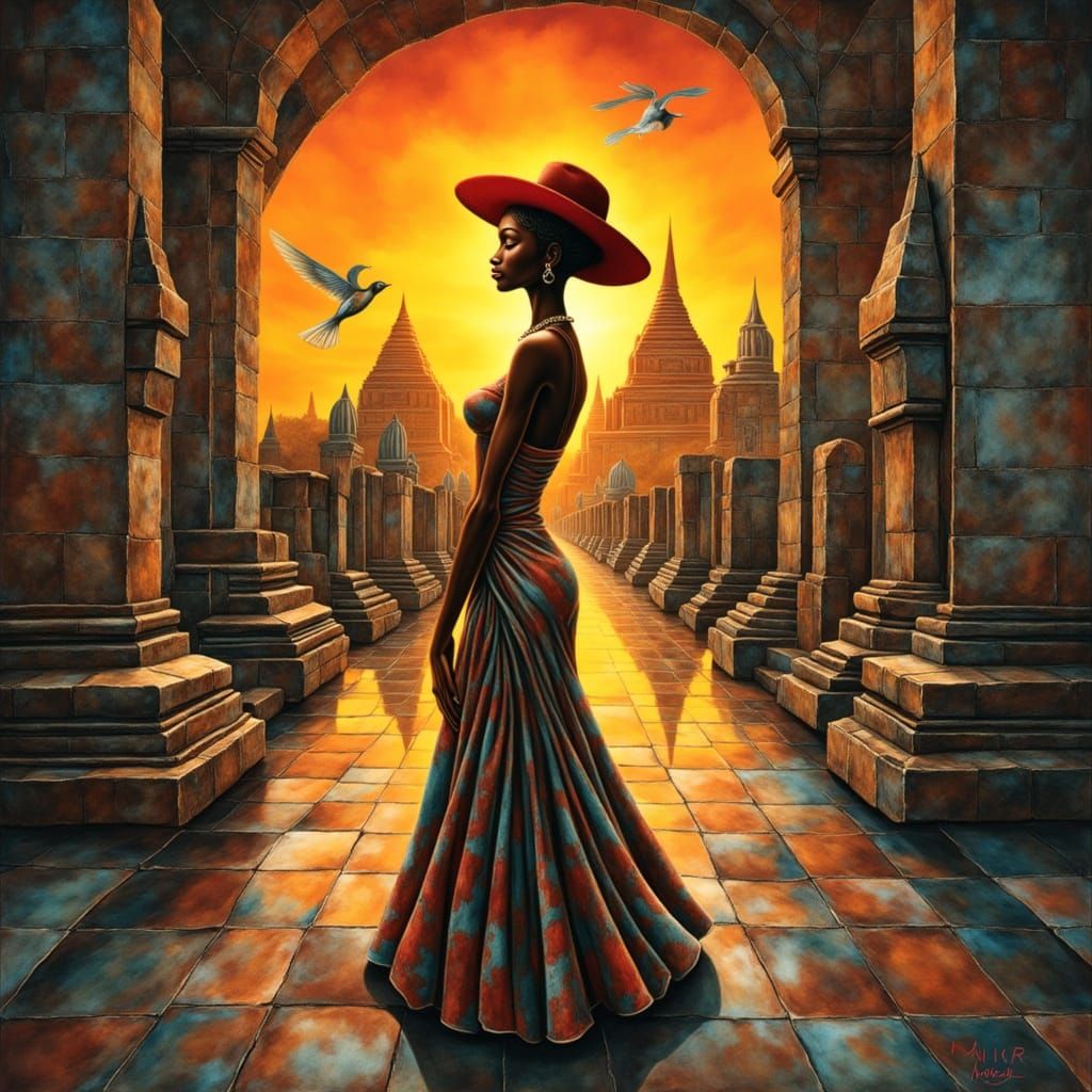 Afrocentric Woman in Mirrored Hallway as Impasto Painting