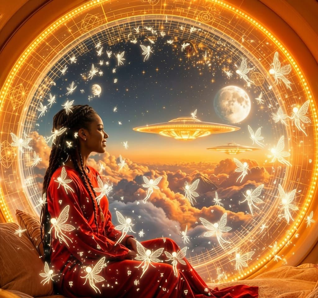 Ethereal Golden-White Fae Symbols Floating Around Lady