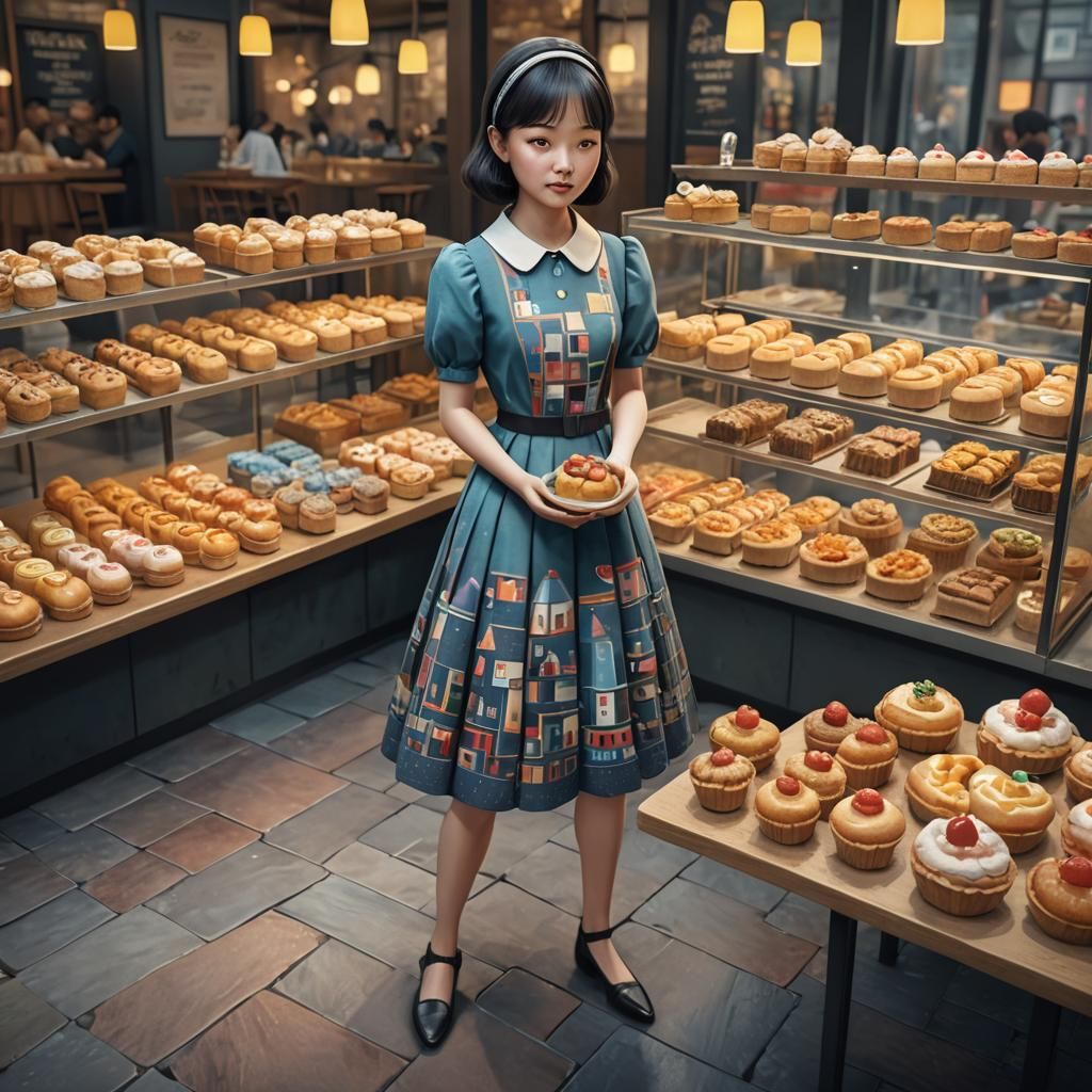 Sisters in Paul Klee Style Dresses Wait for Pastries