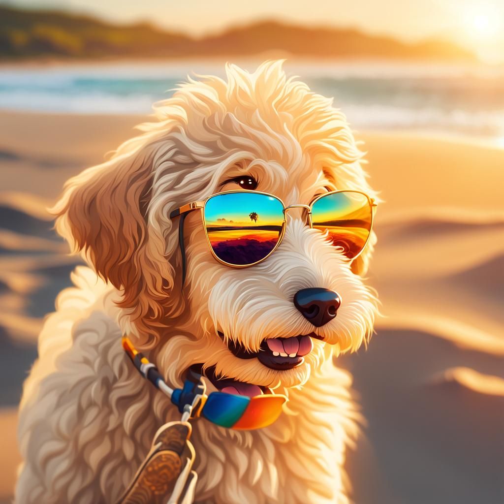 Golden Doodle Puppy with Sunglasses: Digital Art