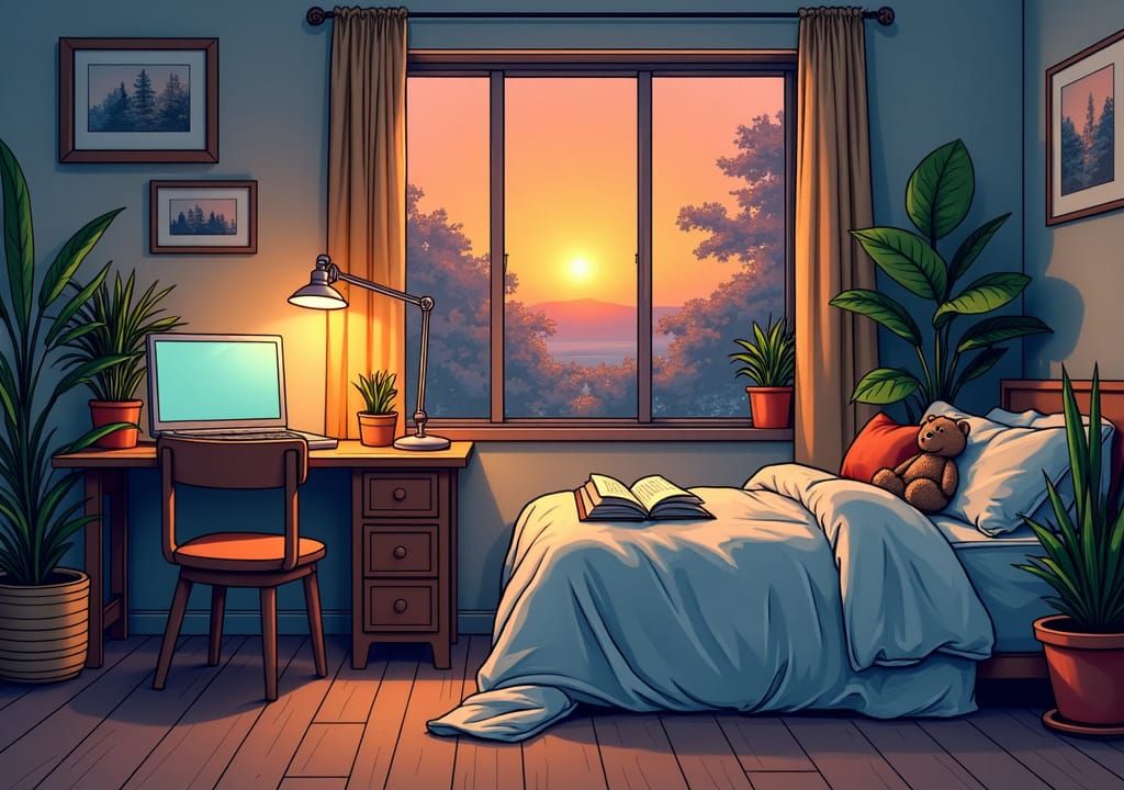 Cozy Bedroom Interior Illustration After Sunset