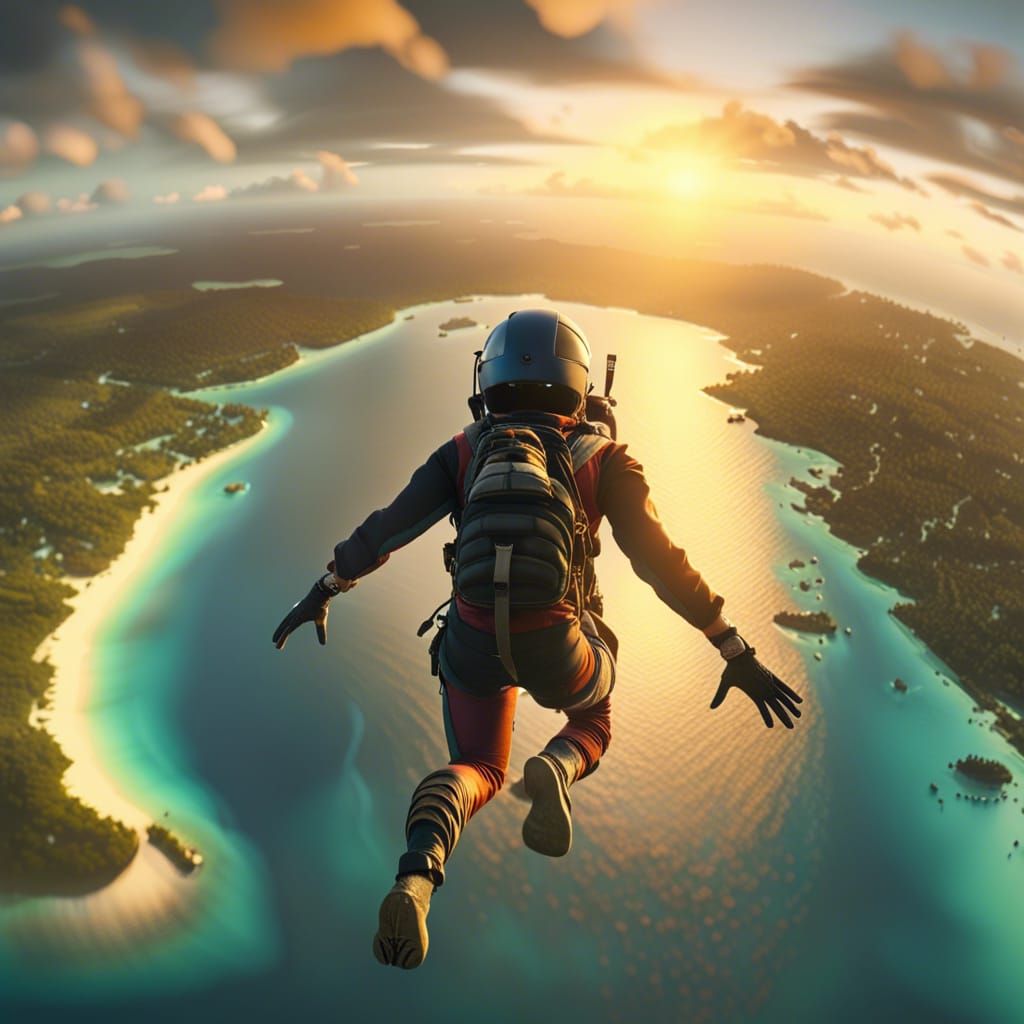 Skydiver Above Yara Island at Sunset in 3D Game Style