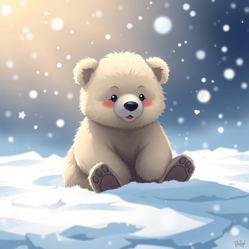 Cute Baby Bear in Winter Wonderland Scene