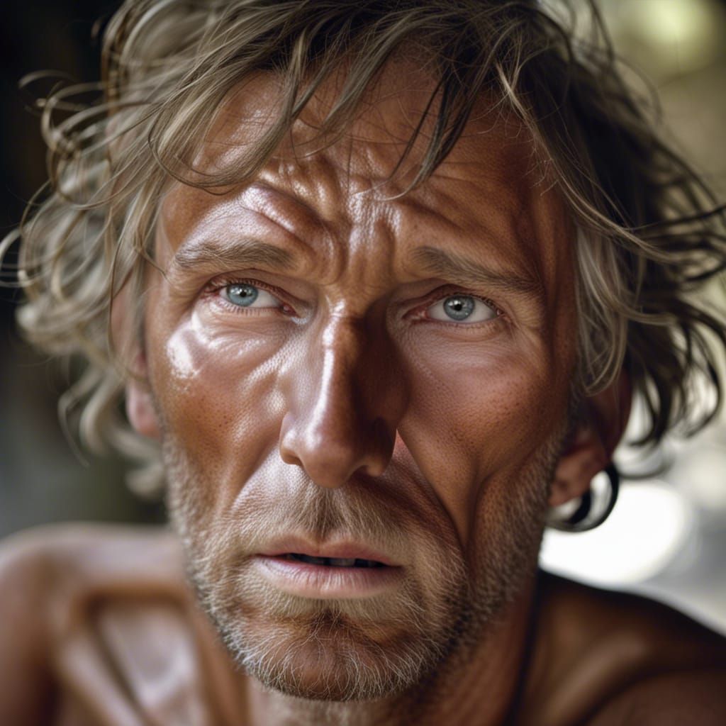 Starving face of white man having trekked hundreds of miles ...