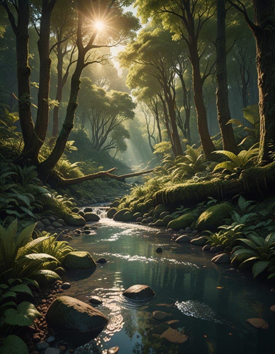 Serene Forest Scene in Lush Greenery with Gentle Stream