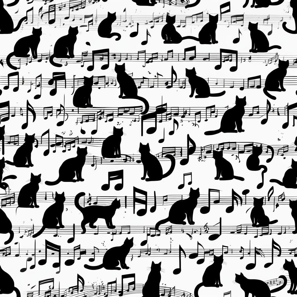 Detailed Music Art with Black Cat Silhouettes