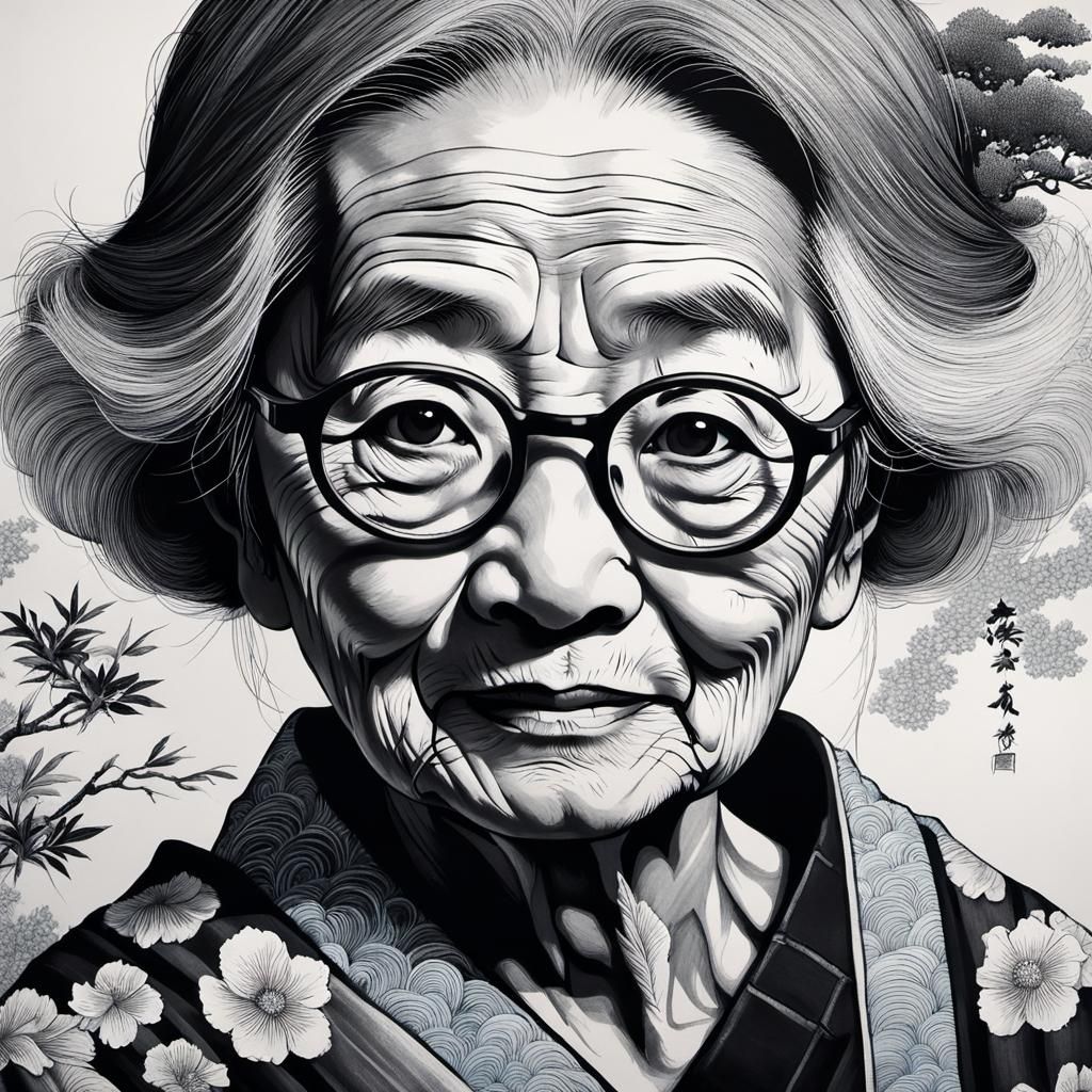 Ink Portrait of Peaceful Asian Woman in Hokusai Style