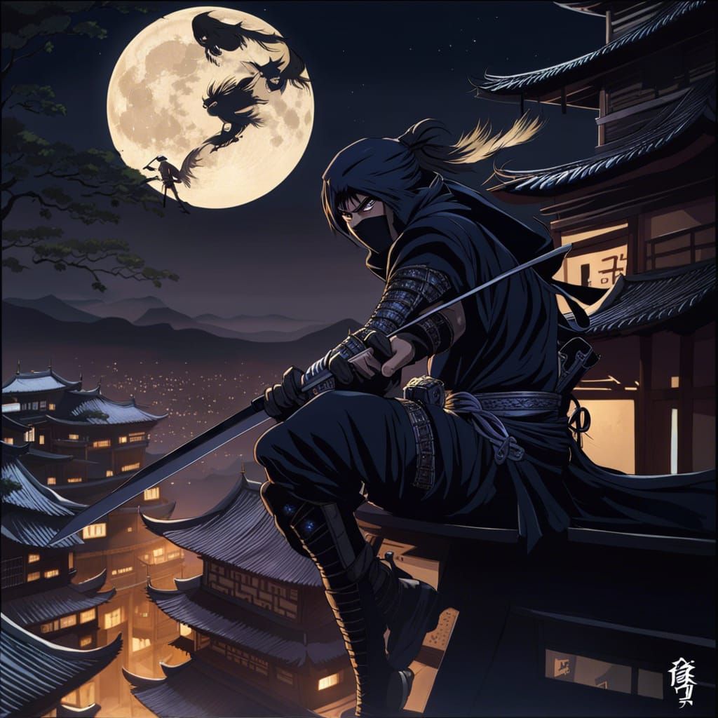 Battle-Ready Ninja on Rooftop in Anime Style