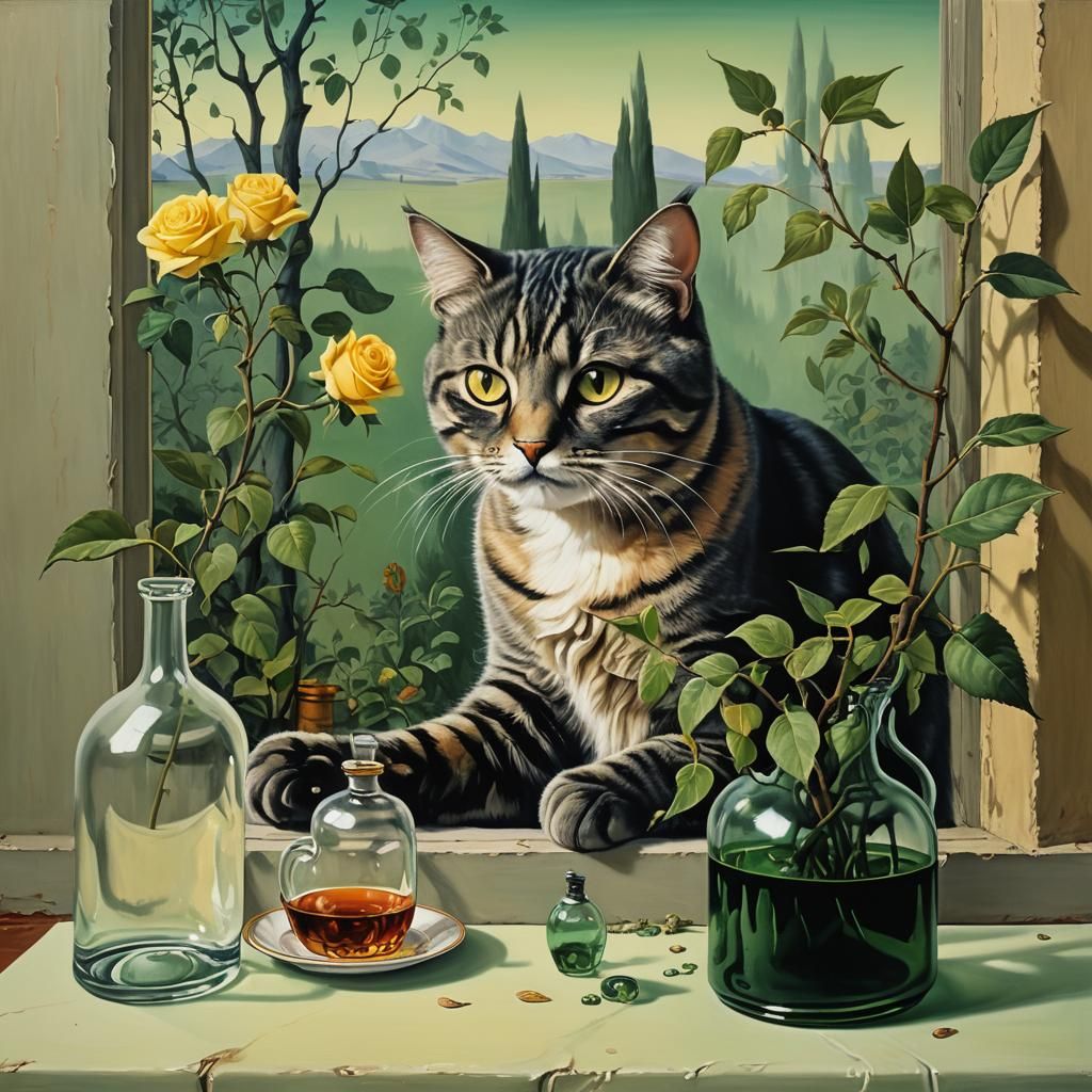 Surrealist Cat Lapping Paw with Burning Coal Fire