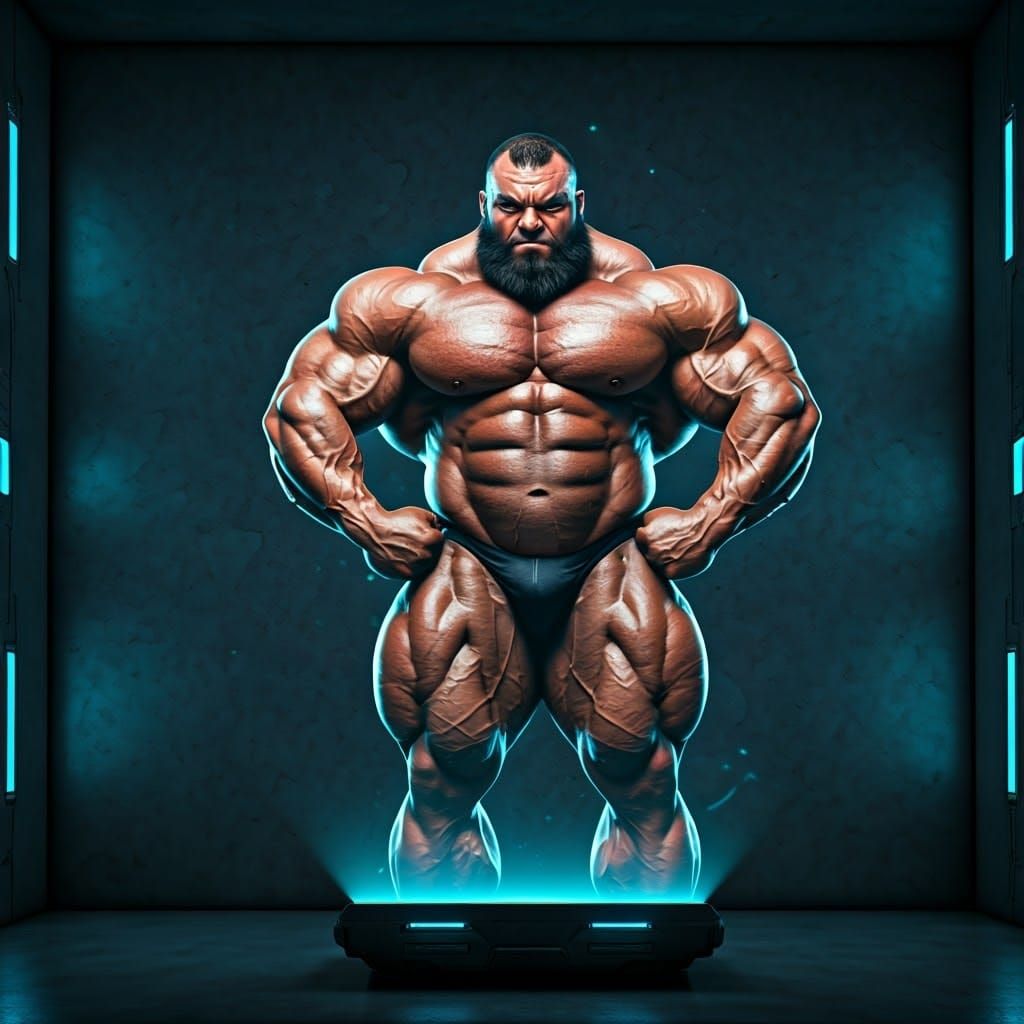Hyper-Realistic Futuristic Hologram of a Muscular Bodybuilde...