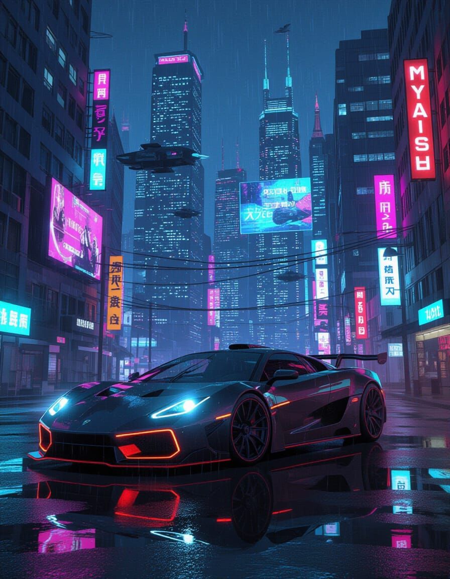 Cyberpunk Sports Car on Rain-Slicked Street at Night