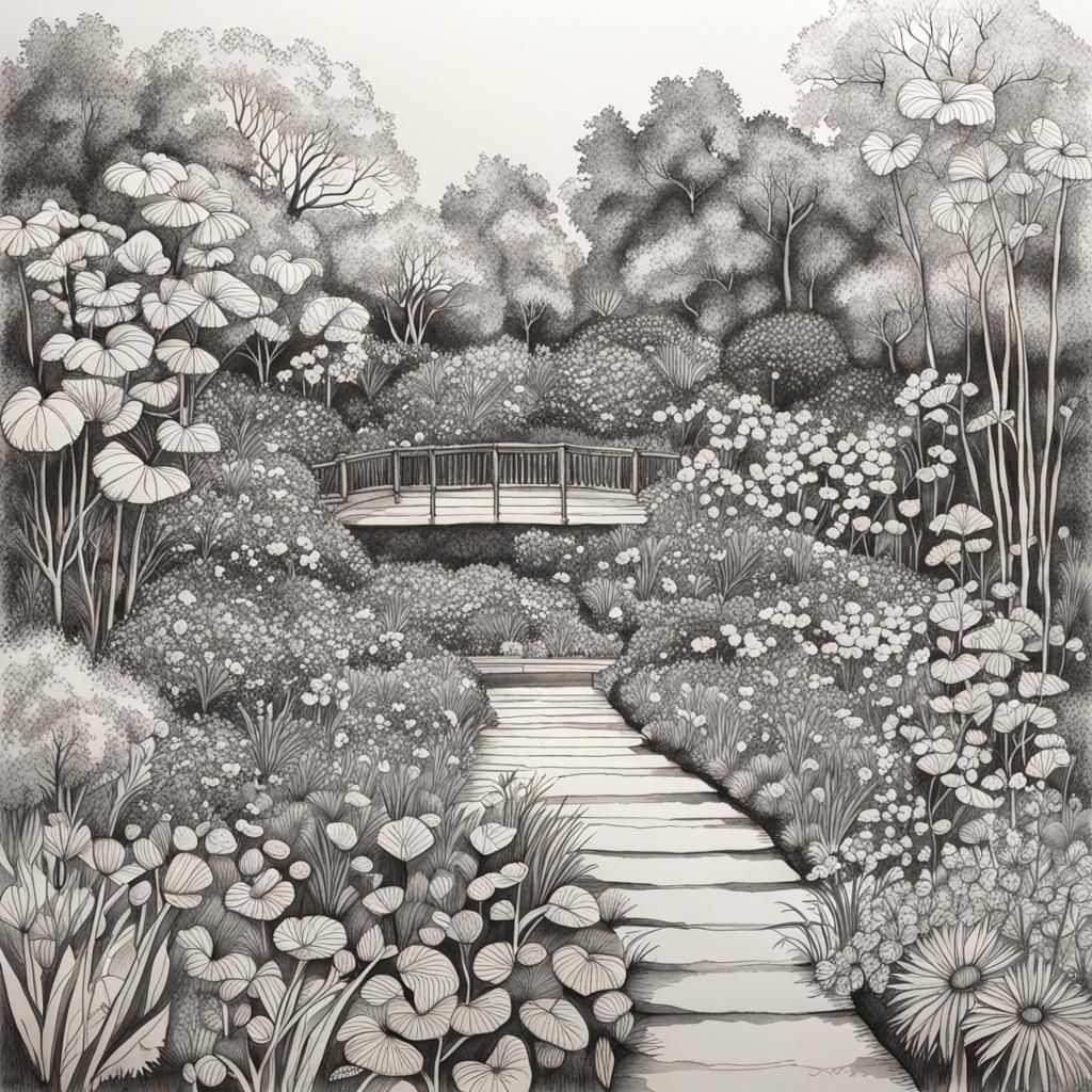 Botanical Garden: Detailed Ink Drawing