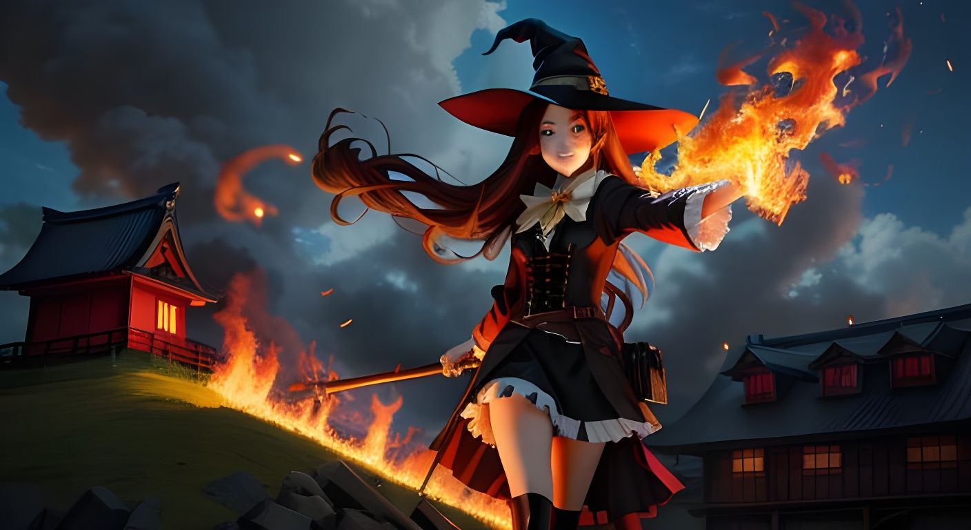 Anime Style Young Witch Casting Flames