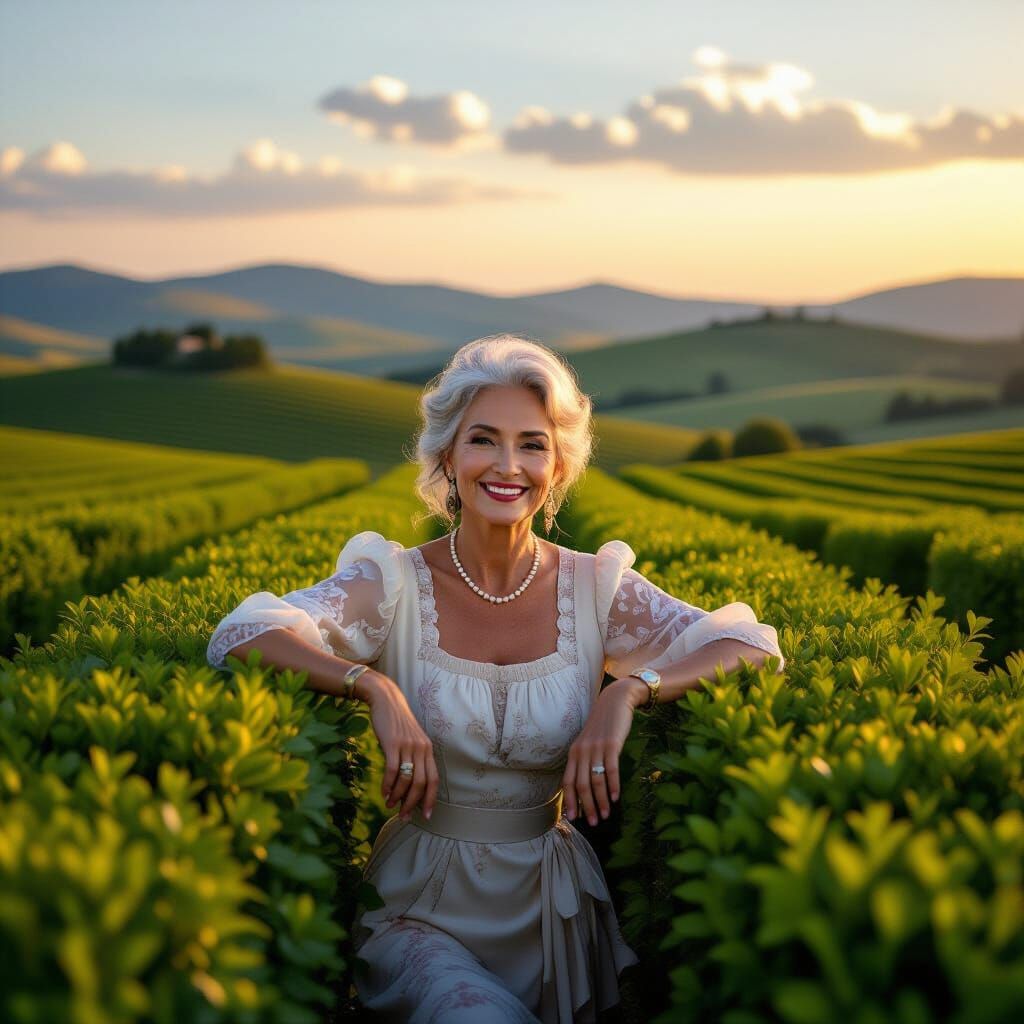 Italian Woman in Rolling Hills, Hyperrealistic Photo