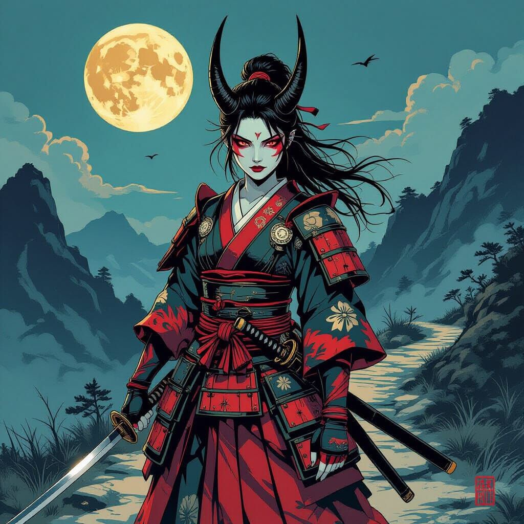 Oni Samurai Woman on Moonlit Mountain Path