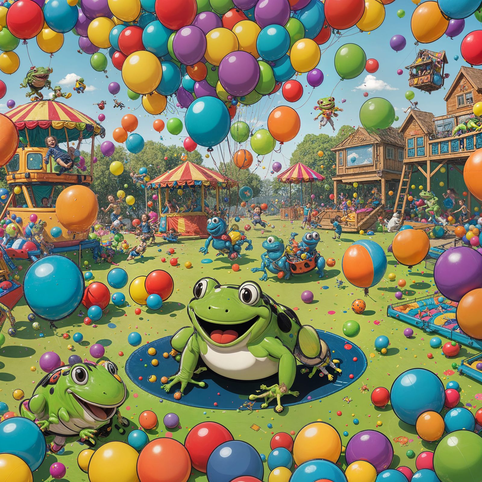 Bouncy Playground Chaos: Whimsical Scene with Leaping Creatu...
