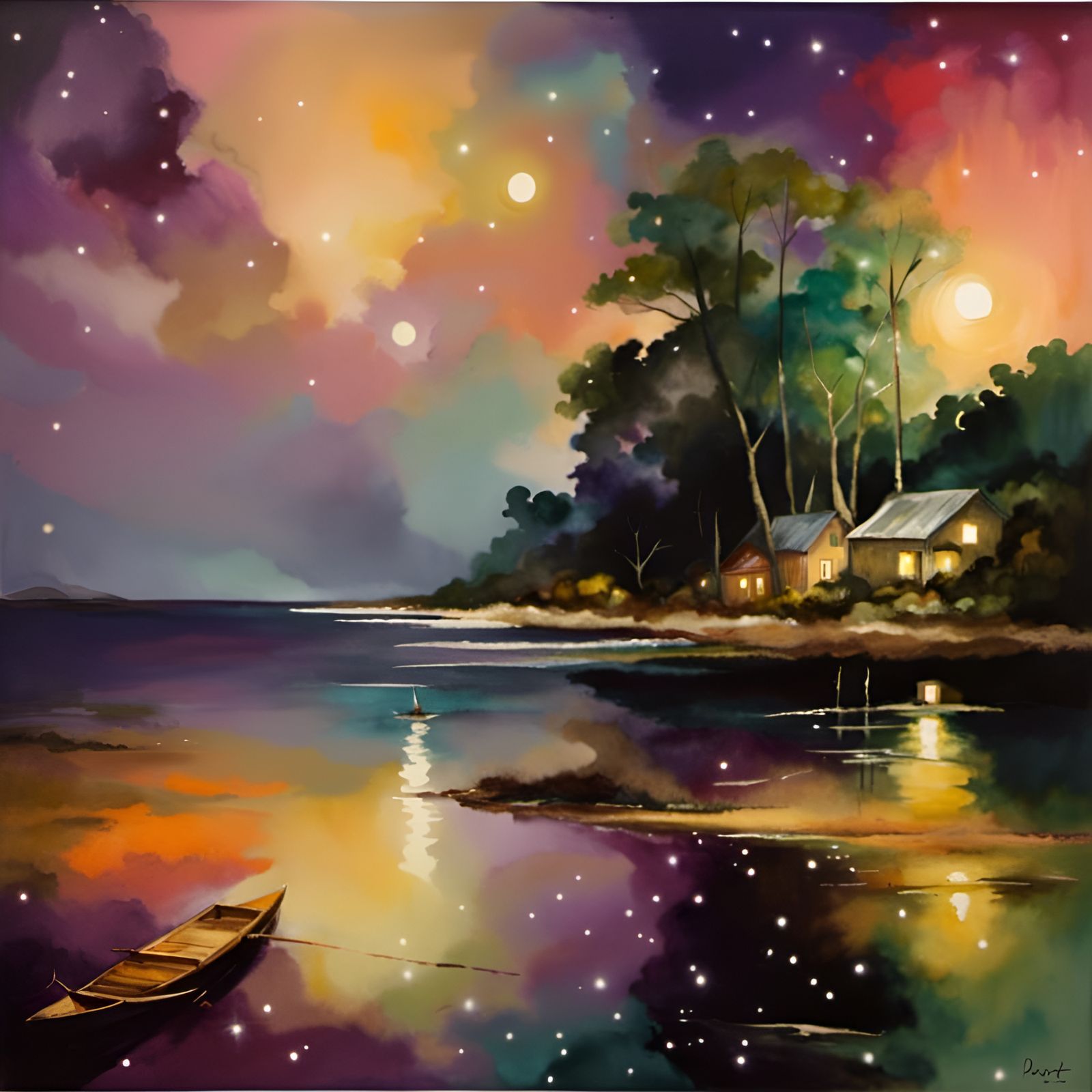 Watercolor South Pacific Ocean Starry Night