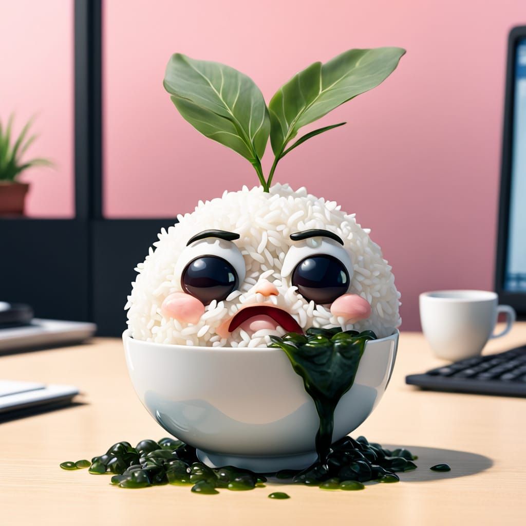 Grumpy Rice Ball Character in Kawaii Food Art