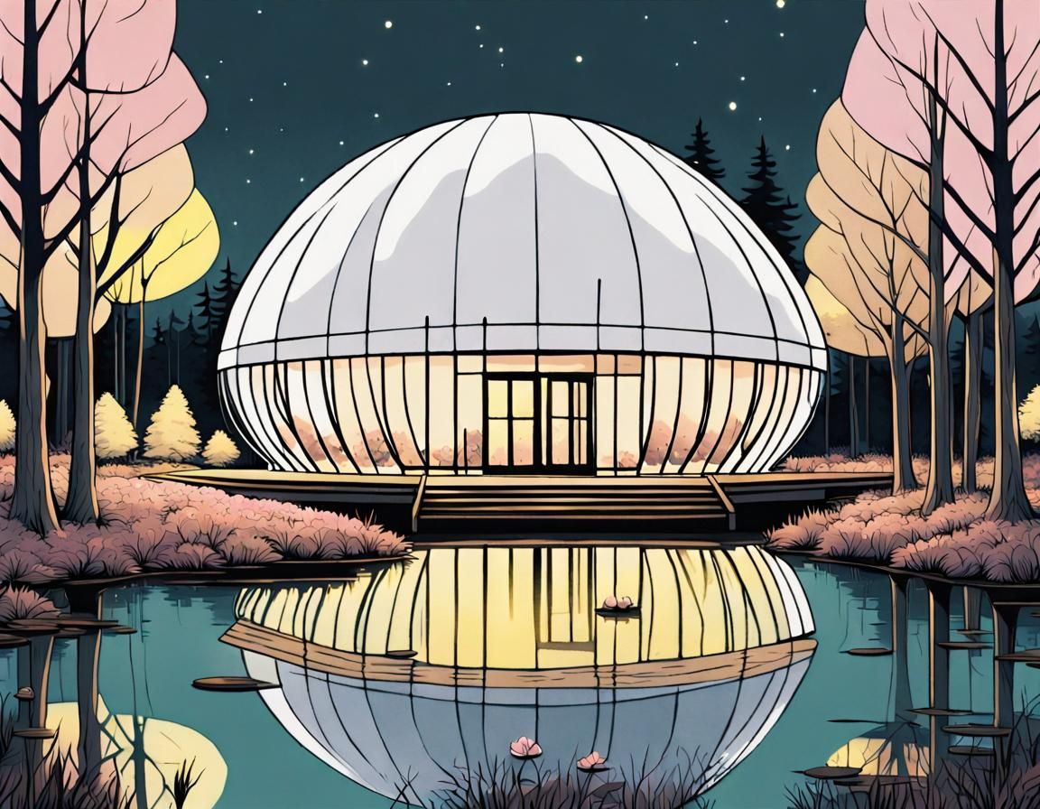 Futuristic Flower Bulb Building in Swamp, 3D Render