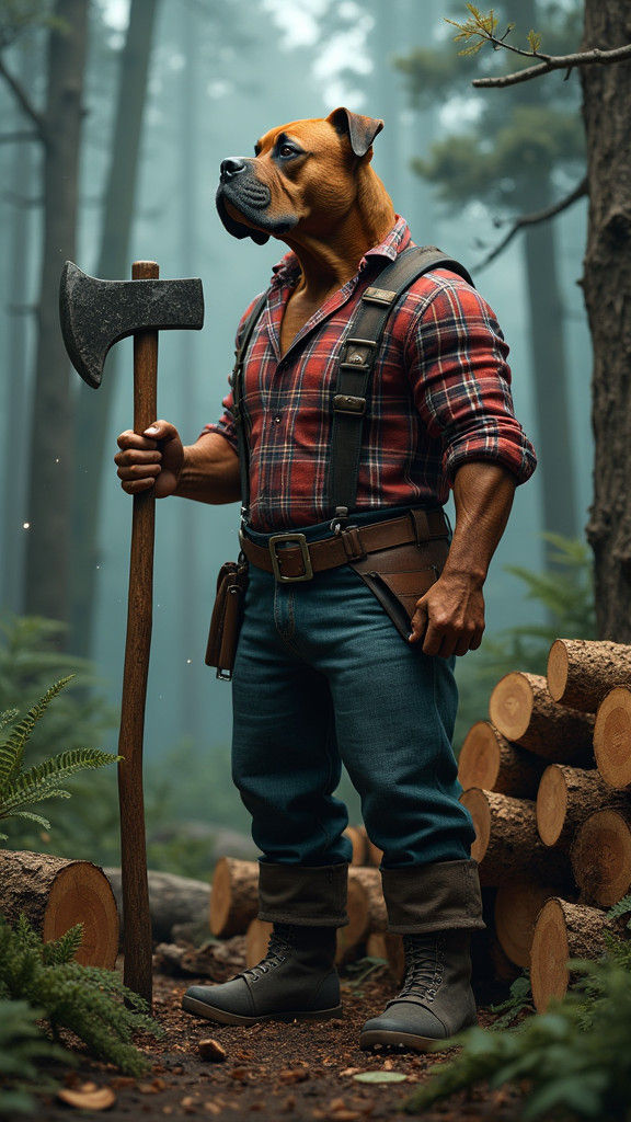 Dog Woodcutter in Rustic Clothing with Axe