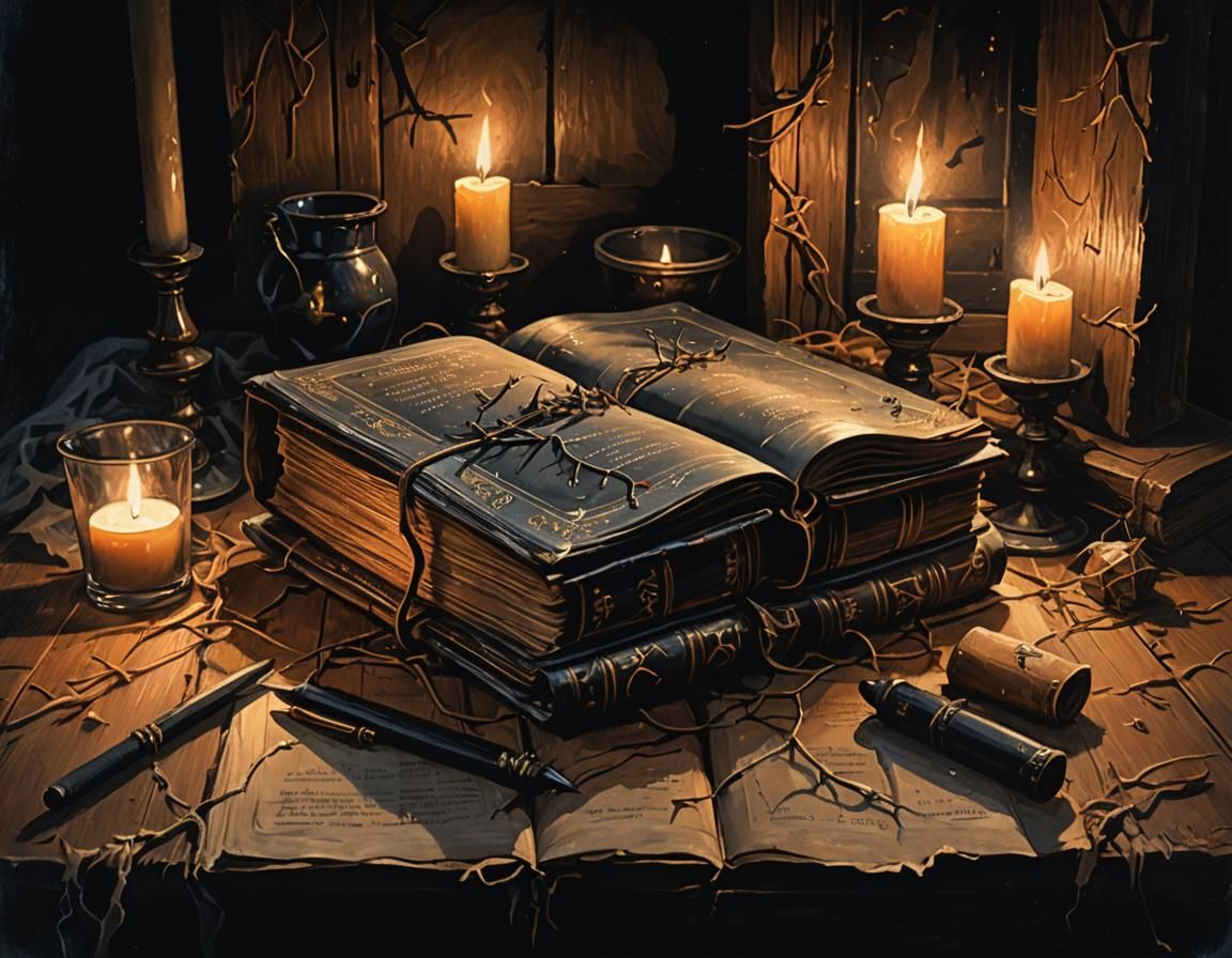 Mystical Grimoire in Dusty Attic, Gouache Painting