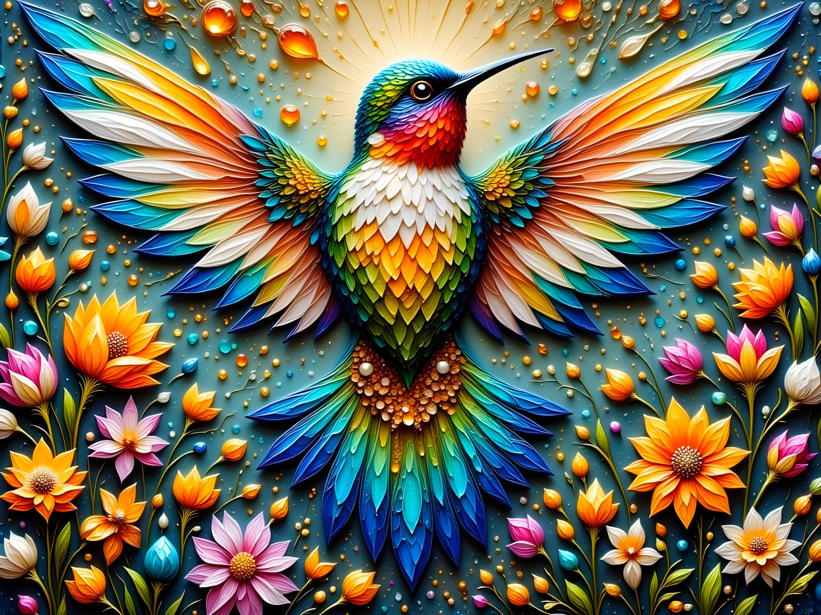 Regal Hummingbird in Vibrant, Impasto Art