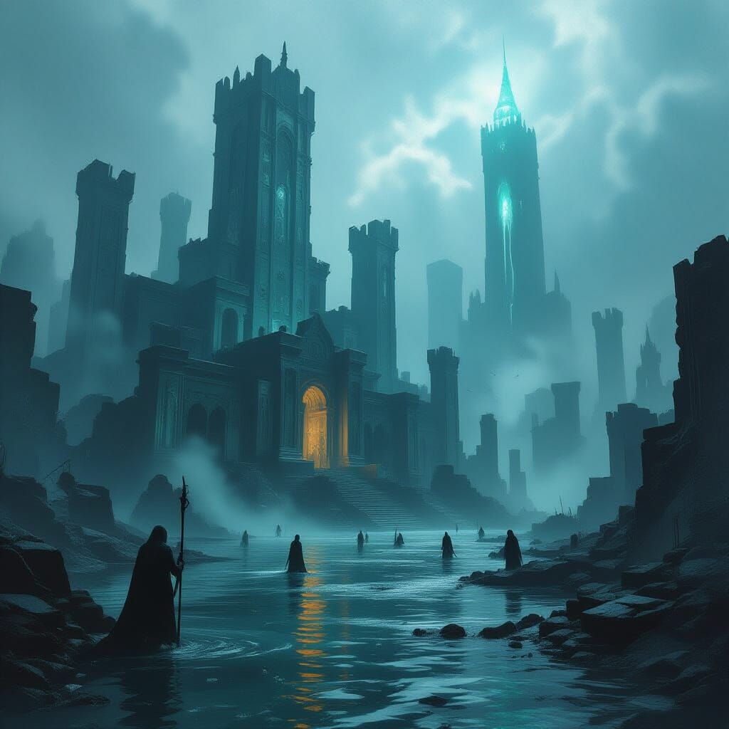 Drowned City Rises from Toxic Miresea in Dark Fantasy Style
