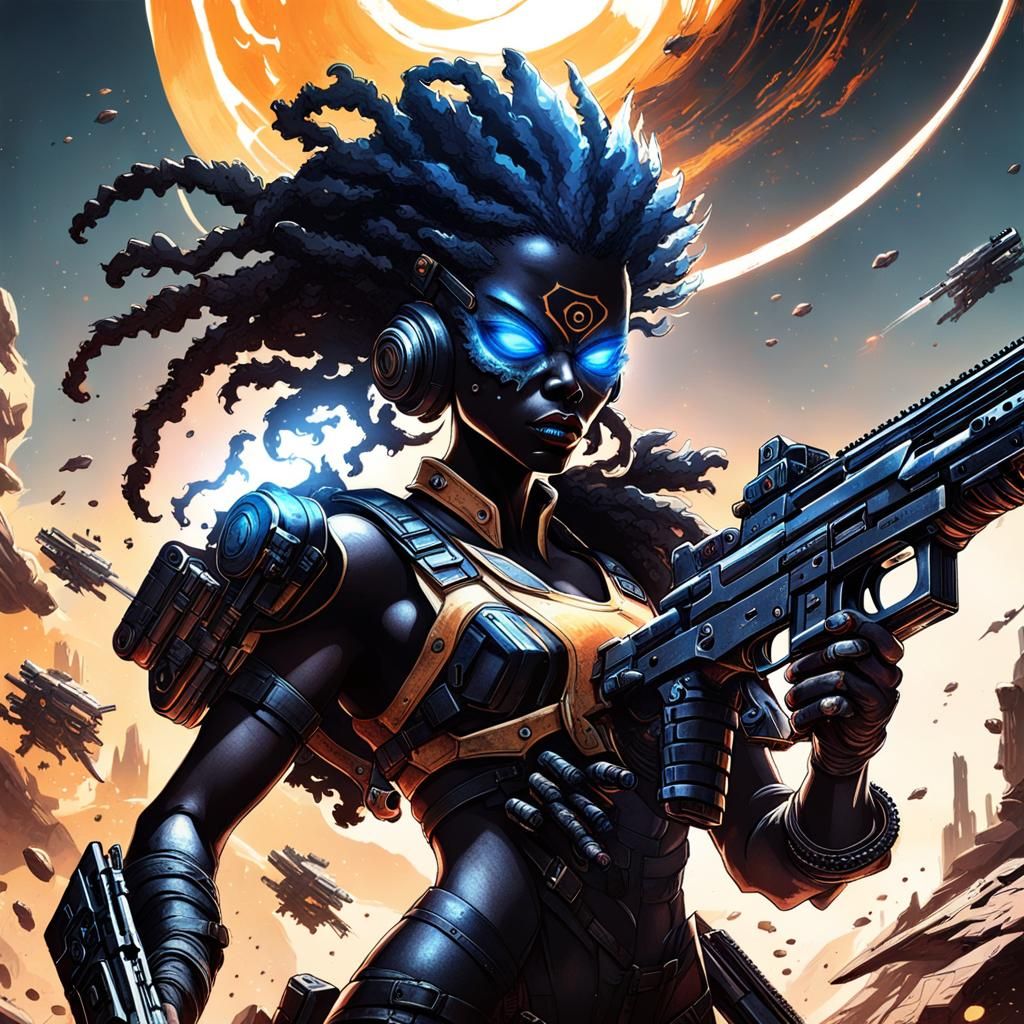 Alien Woman Soars Above Diseased Sun