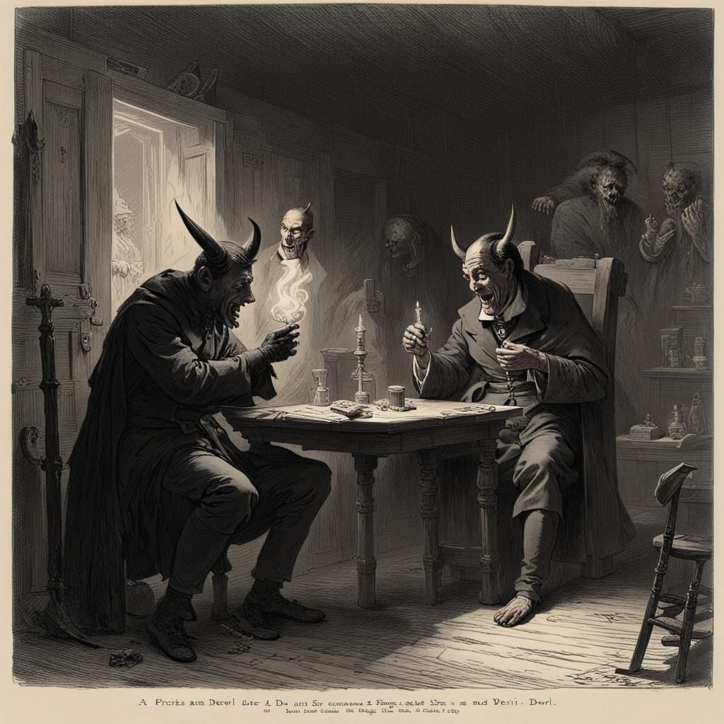 Priest and Devil Play Cards in Dark Inn