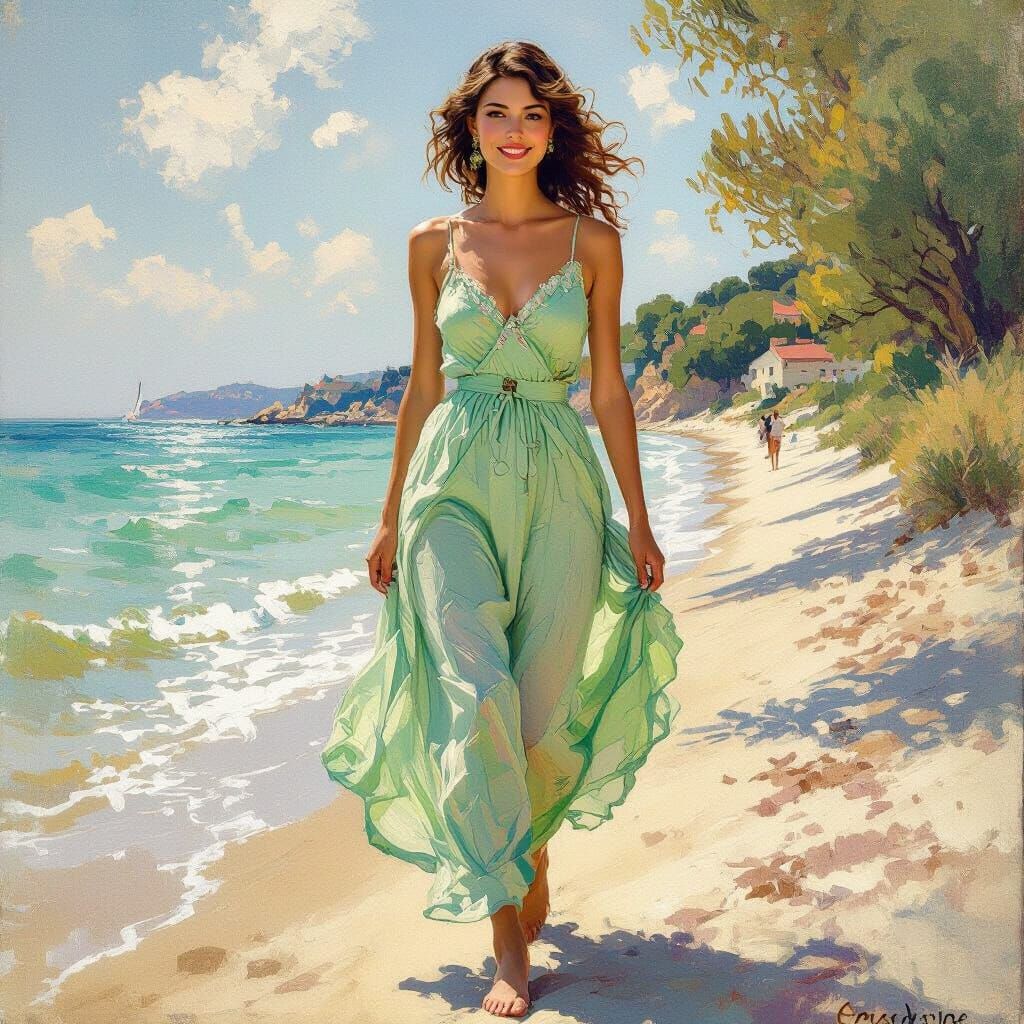 Serene Woman on Beach in Impressionist Style