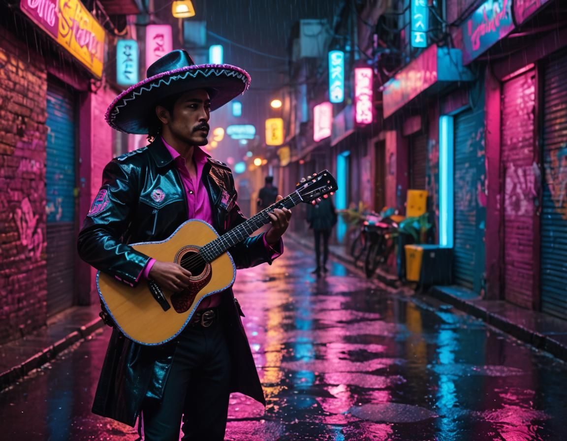 Cyberpunk Mariachi in Rainy Neon Alley
