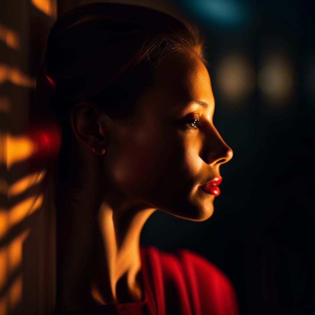 Picturesque Woman in Shadowy, Low-Light Portrait