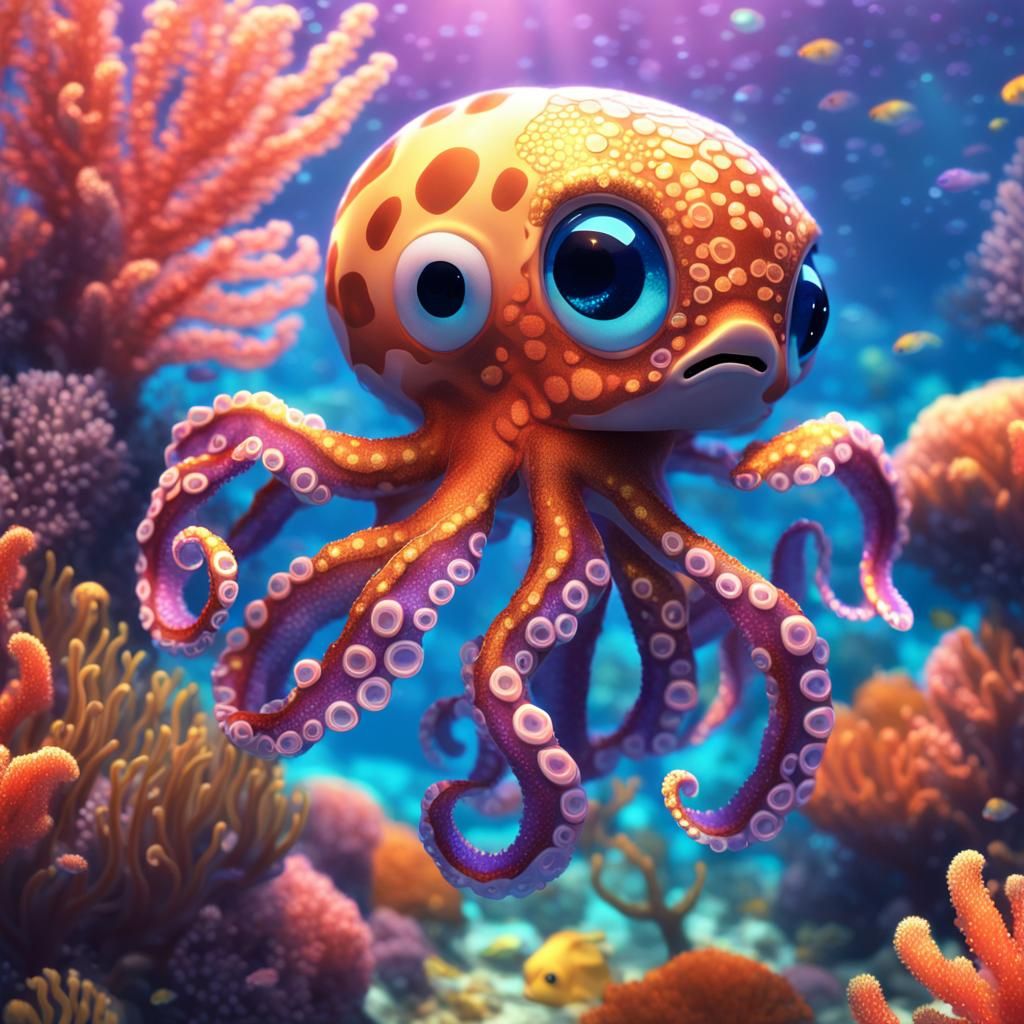 Octopus Puppy Chasing Fish in Coral Reef: 3D Anime Art