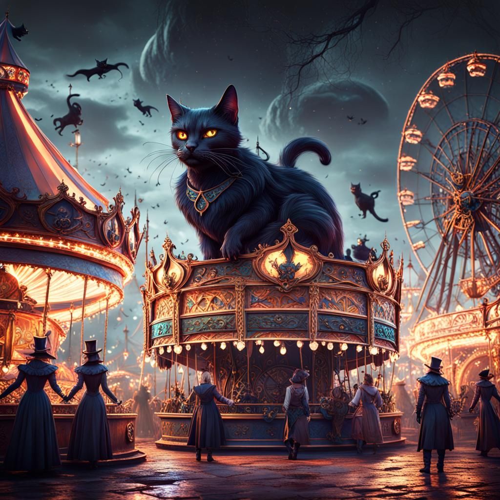 A spooky carnival at midnight, where black cats roam freely among the deserted rides.