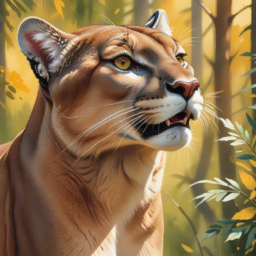 Fierce Cougar Portrait in Gouache Style