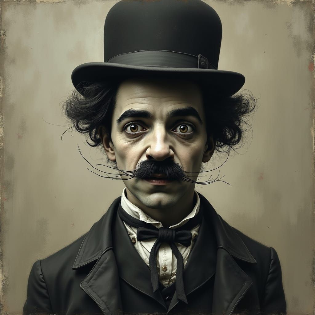 Eerie Portrait of the Little Tramp in a Haunting, Monochroma...