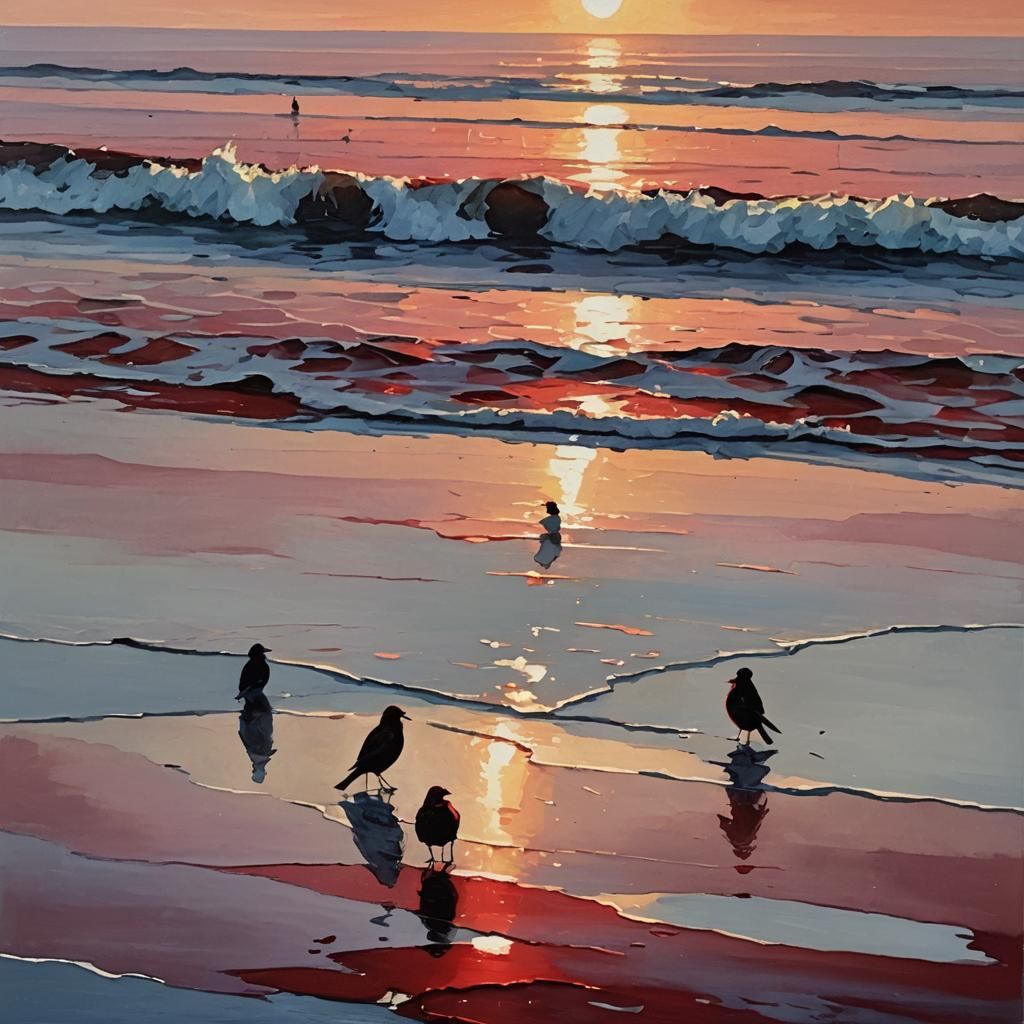 Beach Sunset Oil Painting with Vivid Colors