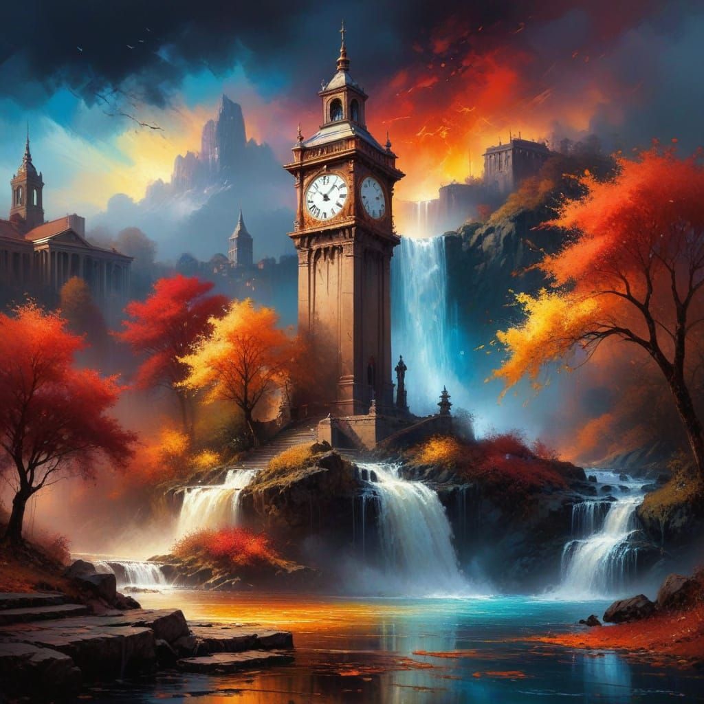 Autumnal Clock Tower Amidst Waterfall in Vibrant Grunge Pale...