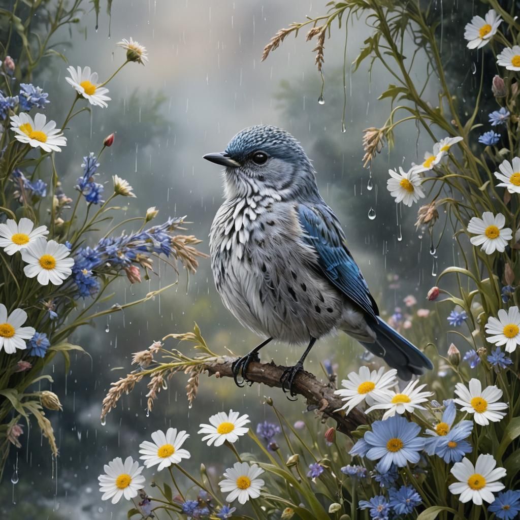 Blue Bird in Rain, Hyperrealistic Image