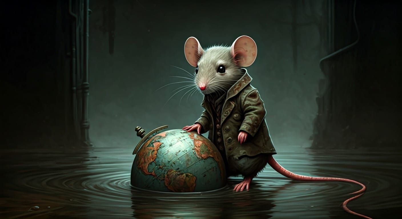Mouse Leaning on Globe in Comic Art Style
