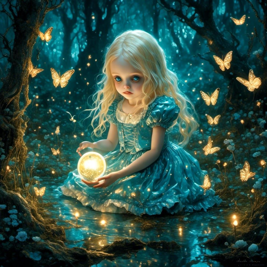 Bioluminescent Alice Touching Mirror Reflection in Dark Fant...