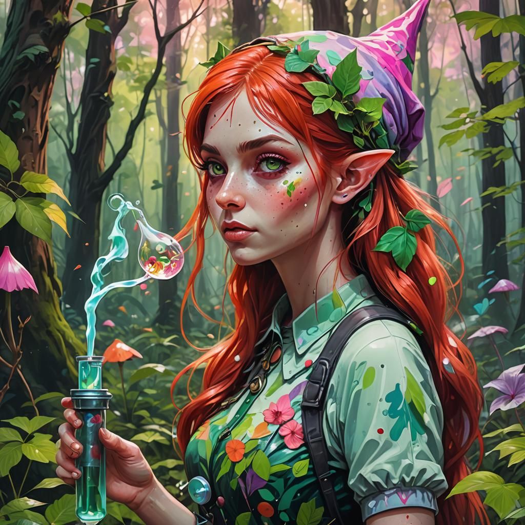 Cute Elf Girl in Hypnotic Forest: Graffiti Art