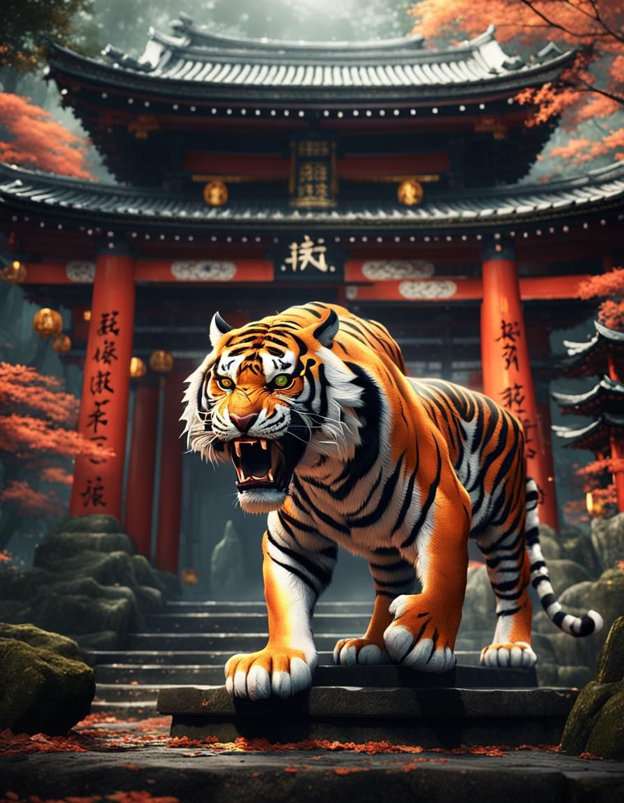 Ferocious Tiger Guarding Japanese Shrine Concept Art